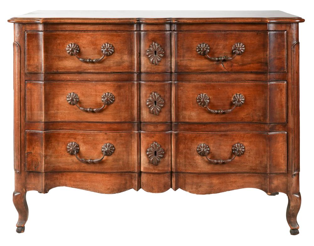 Appraisal: FRENCH PROVINCIAL-STYLE FRUITWOOD COMMODEthe serpentine front fitted with three drawers