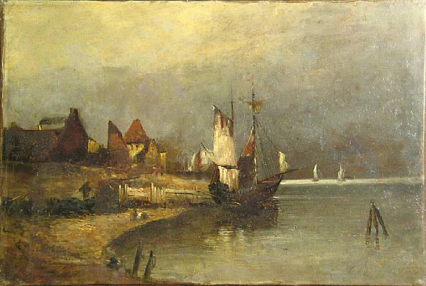 Appraisal: Dutch School A coastal scene with a boat moored on