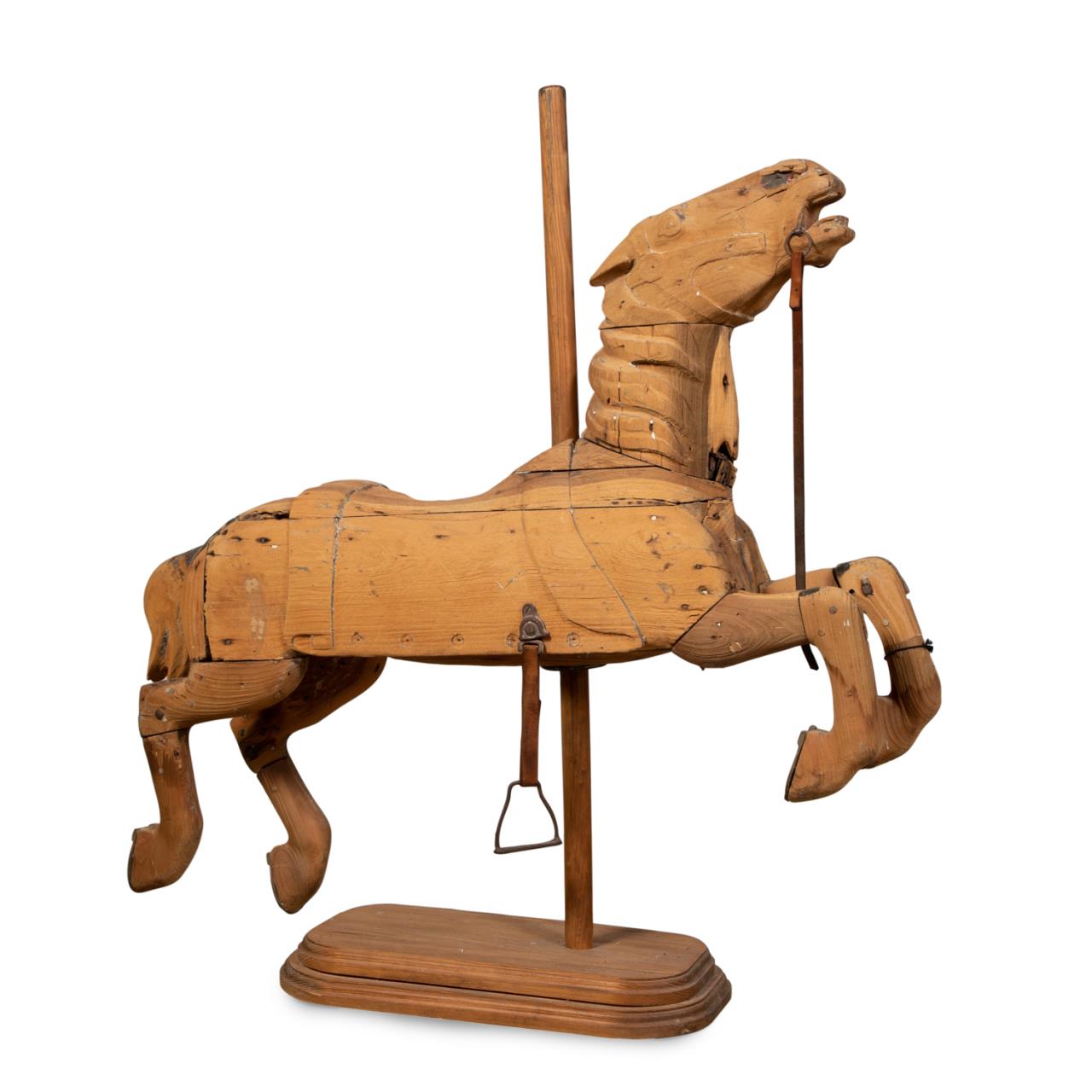 Appraisal: DISTRESSED CARVED WOODEN CAROUSEL HORSE ON STAND American carved wooden