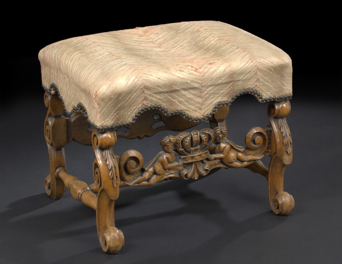 Appraisal: Carolean-Style Fruitwood Stool early th century the padded rectangular top