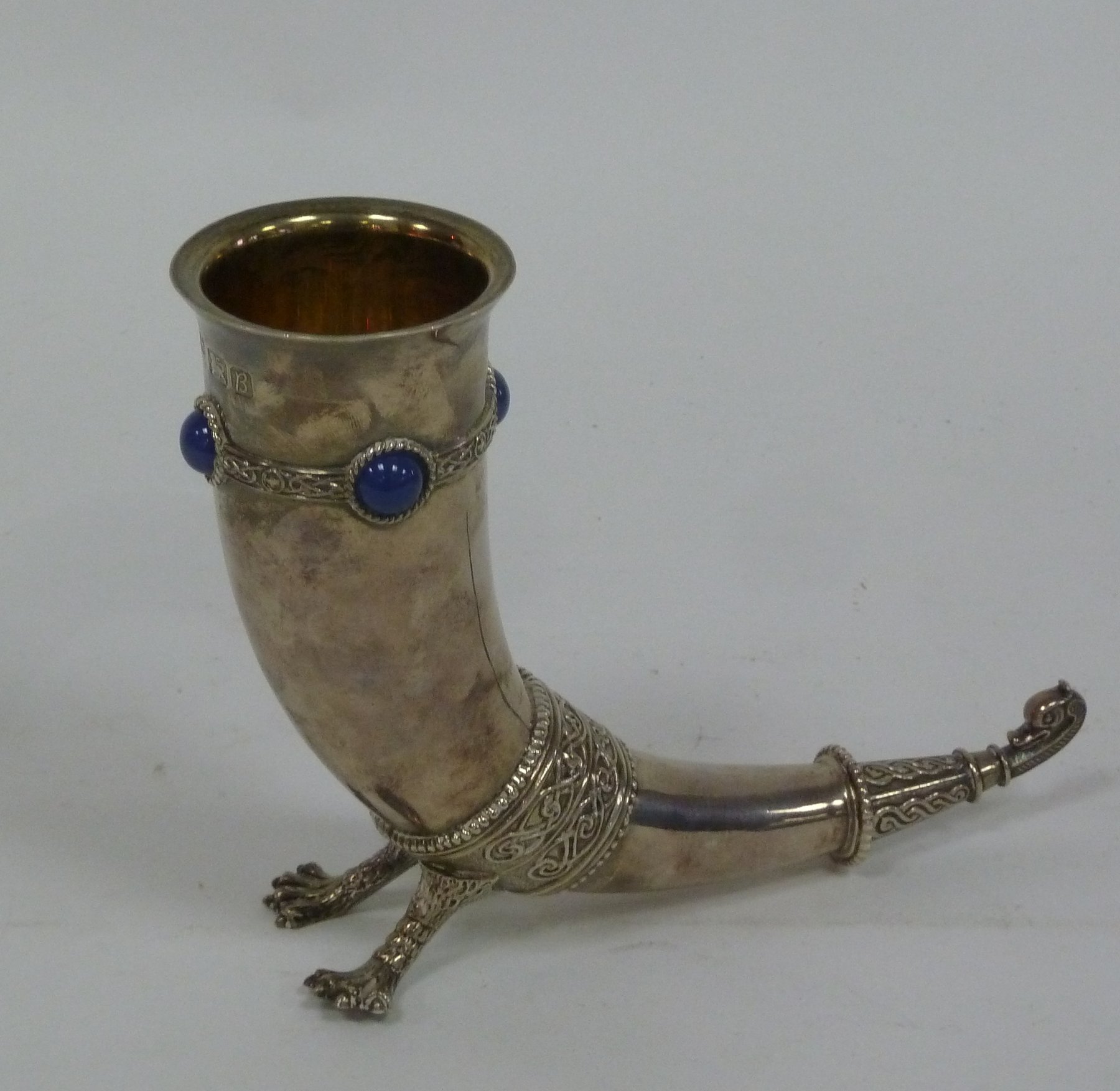 Appraisal: A silver-mounted horn beaker A E Jones set with blue