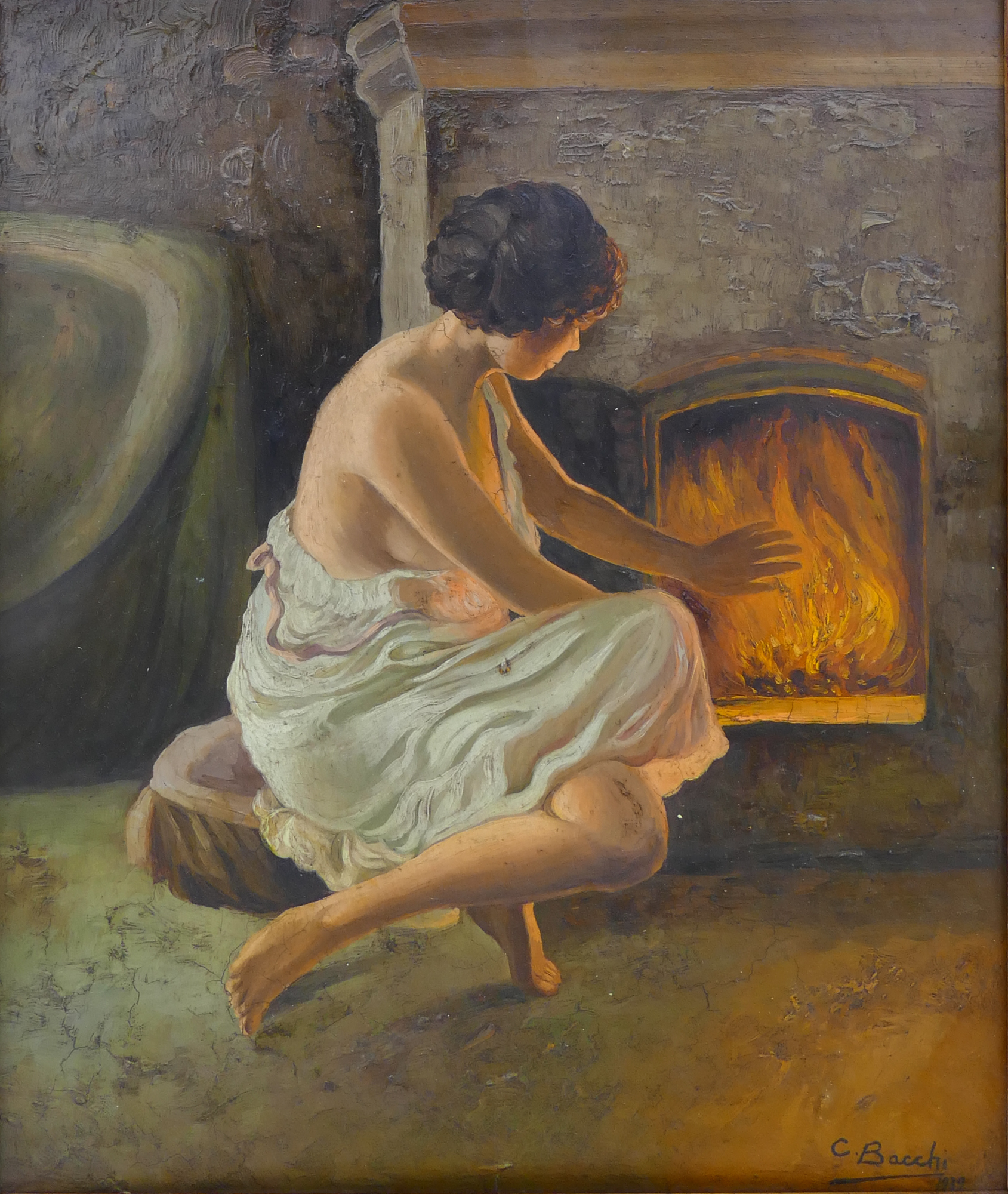 Appraisal: Cesare Bacchi - Italy 'Girl By the Fireplace' Oil on