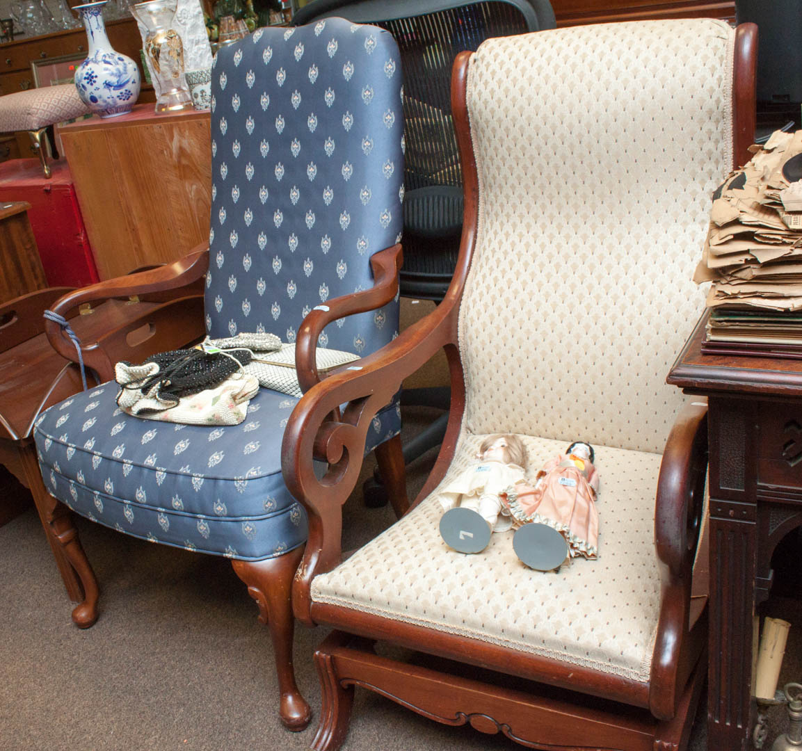 Appraisal: Upholstered armchair and rocker