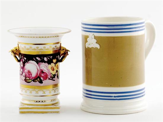 Appraisal: English pearlware mocha mug and porcelain vase circa turned and