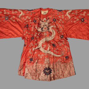 Appraisal: A Chinese Orange Ground Embroidered Silk Theatrical Dragon Robe Mid-