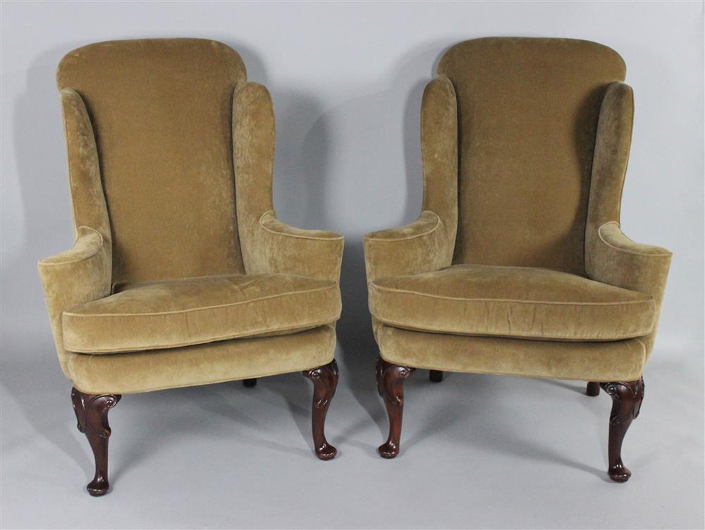 Appraisal: PAIR OF QUEEN ANNE STYLE WING CHAIRS WITH BUTTERSCOTCH VELVET