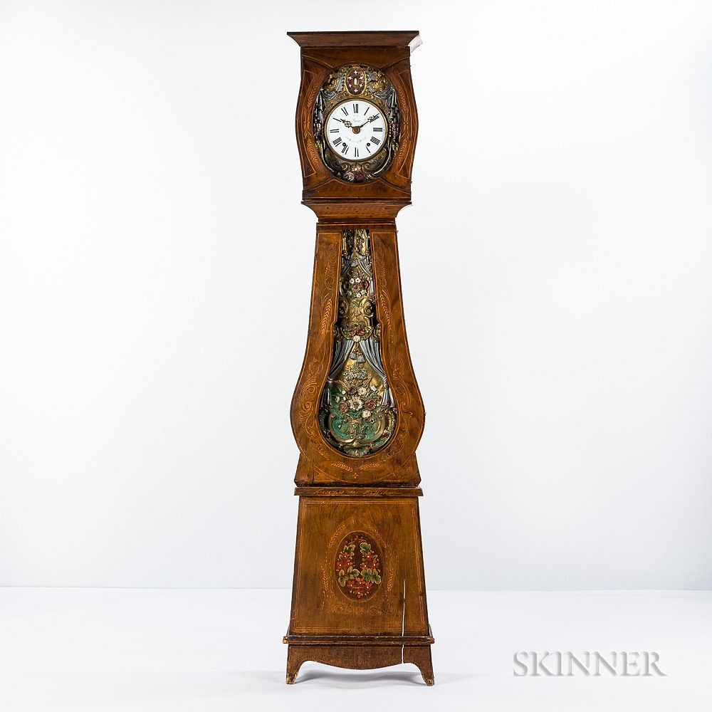 Appraisal: French Grain-painted Pine Morbier Tall Clock French Grain-painted Pine Morbier