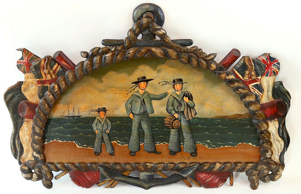 Appraisal: Folksy Oil on Canvas of Three Sailors at Shore's Edge