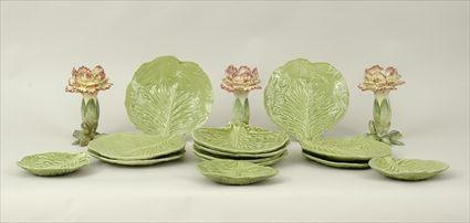 Appraisal: Thirteen Majolica Cabbage Leaf-Form Plates Modern Together with three majolica