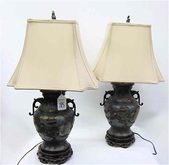 Appraisal: PAIR CHINESE CHAMPLEVE ENAMEL TABLE LAMPS double handle vases converted