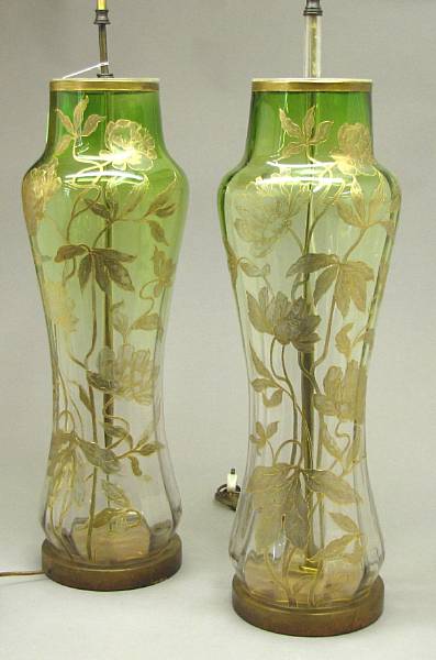 Appraisal: A pair of Art Nouveau tall glass vases now mounted