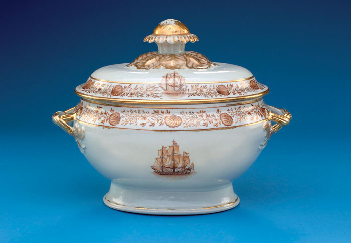 Appraisal: CHINESE EXPORT PORCELAIN OVAL STRAP- HANDLED COVERED SOUP TUREEN FROM