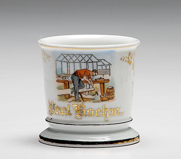 Appraisal: CARPENTER'S OCCUPATIONAL SHAVING MUG porcelain with polychrome painted scene of