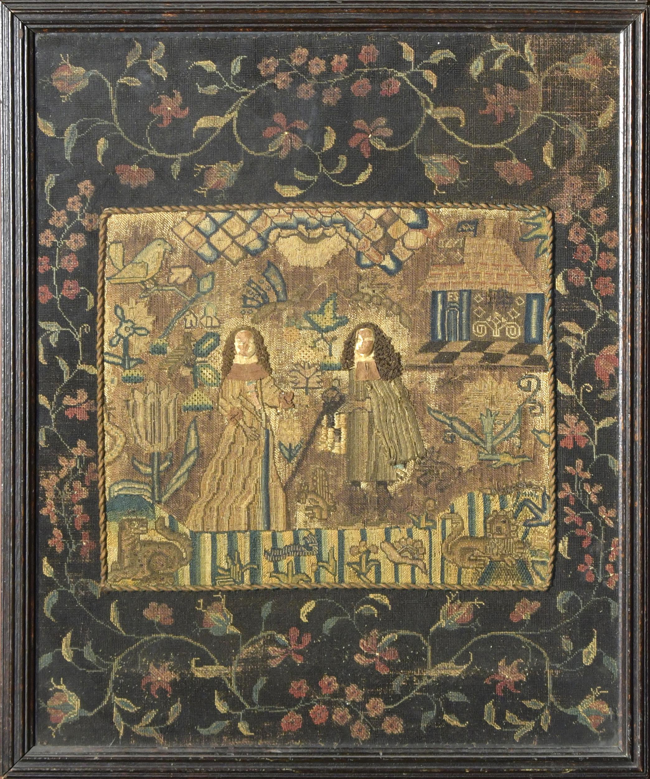 Appraisal: EARLY ENGLISH NEEDLEWORK Depicting a formally dressed couple with animals