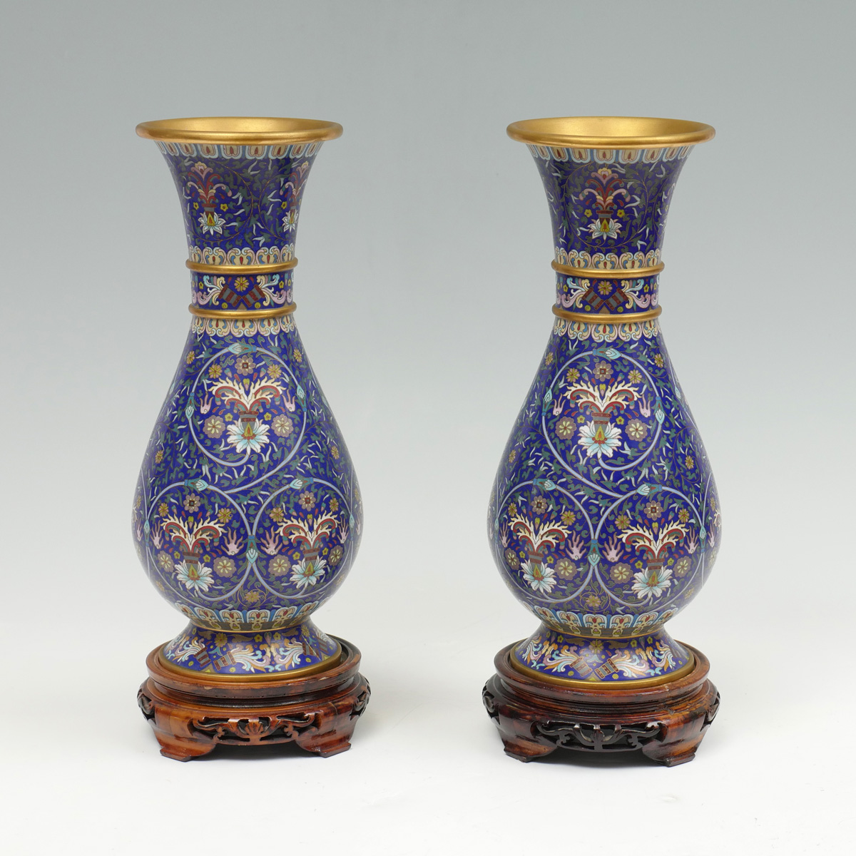 Appraisal: PAIR OF CHINESE BLUE CLOISONNE VASES - Chinese blue ground