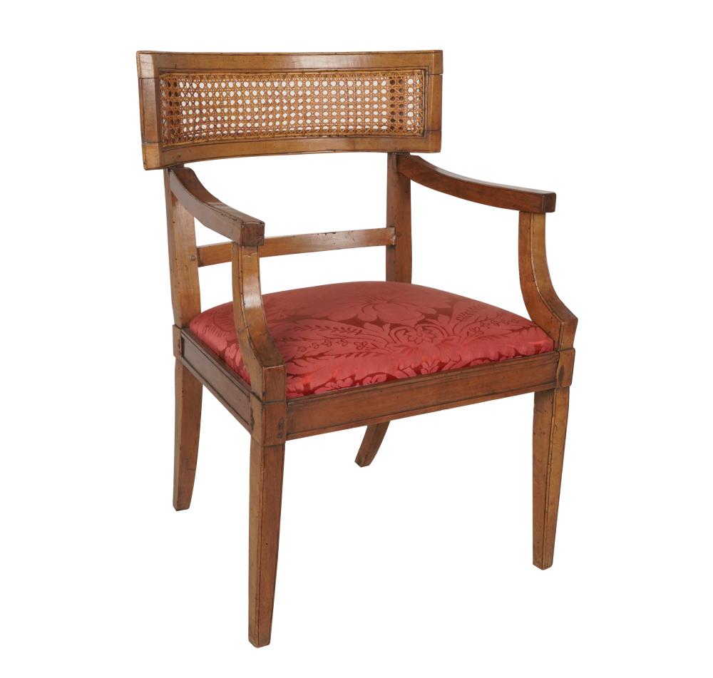 Appraisal: FRENCH NEOCLASSICALFRUITWOOD ARMCHAIRthe curved caned backrest over a padded seat