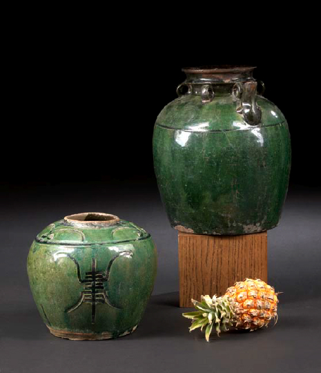 Appraisal: Two Southern Chinese Green-Glazed Storage Jars th century composed of