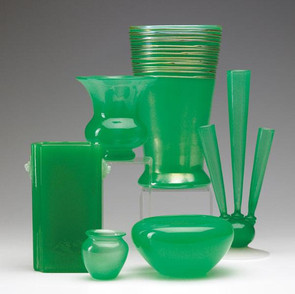 Appraisal: STEUBEN Six pieces of jade green glass five vases one