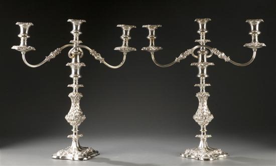 Appraisal: Pair of silverplate candelabra Late th century Sheffield Having two