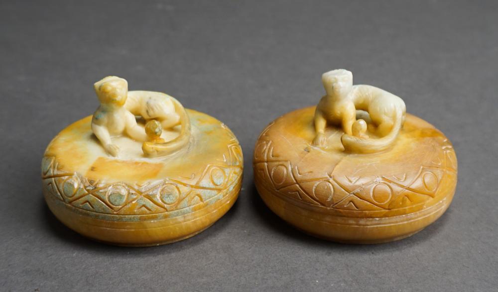 Appraisal: PAIR CHINESE CARVED STONE MONKEY BOXES H IN CM Pair