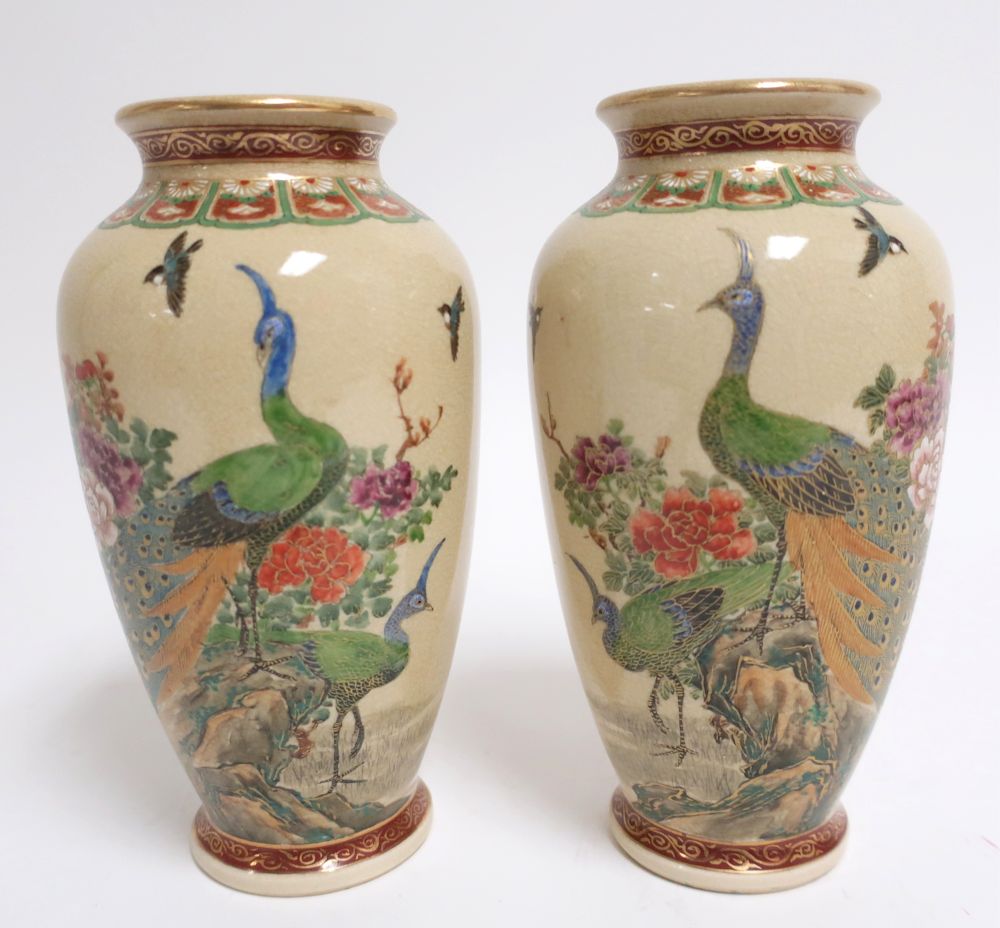 Appraisal: Pair Japanese Satsuma Pottery Vases w Peacocks Signed H x