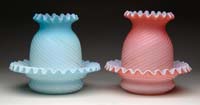 Appraisal: TWO SATIN GLASS FAIRY LAMPS Ruf fig Pink satin MOP