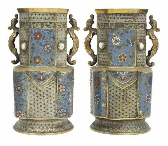 Appraisal: A PAIR OF CHINESE CHAMPLEVE ENAMELLED VASES Each of rectangular