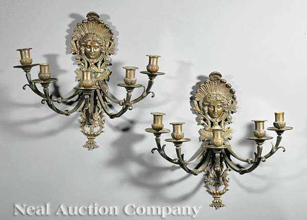 Appraisal: A Pair of Louis XIV-Style Patinated Bronze Five-Light Sconces th