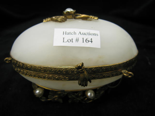 Appraisal: French Bronze Alabaster Dresser Box egg form pearl trim circa