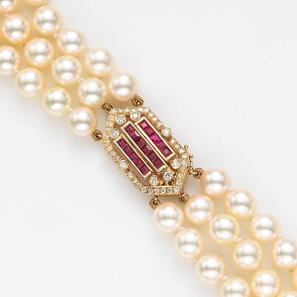 Appraisal: A cultured pearl ruby diamond and eighteen karat gold necklace