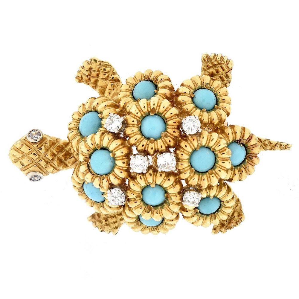 Appraisal: Vintage K Gold Turtle Brooch Vintage Diamond Turquoise and Karat