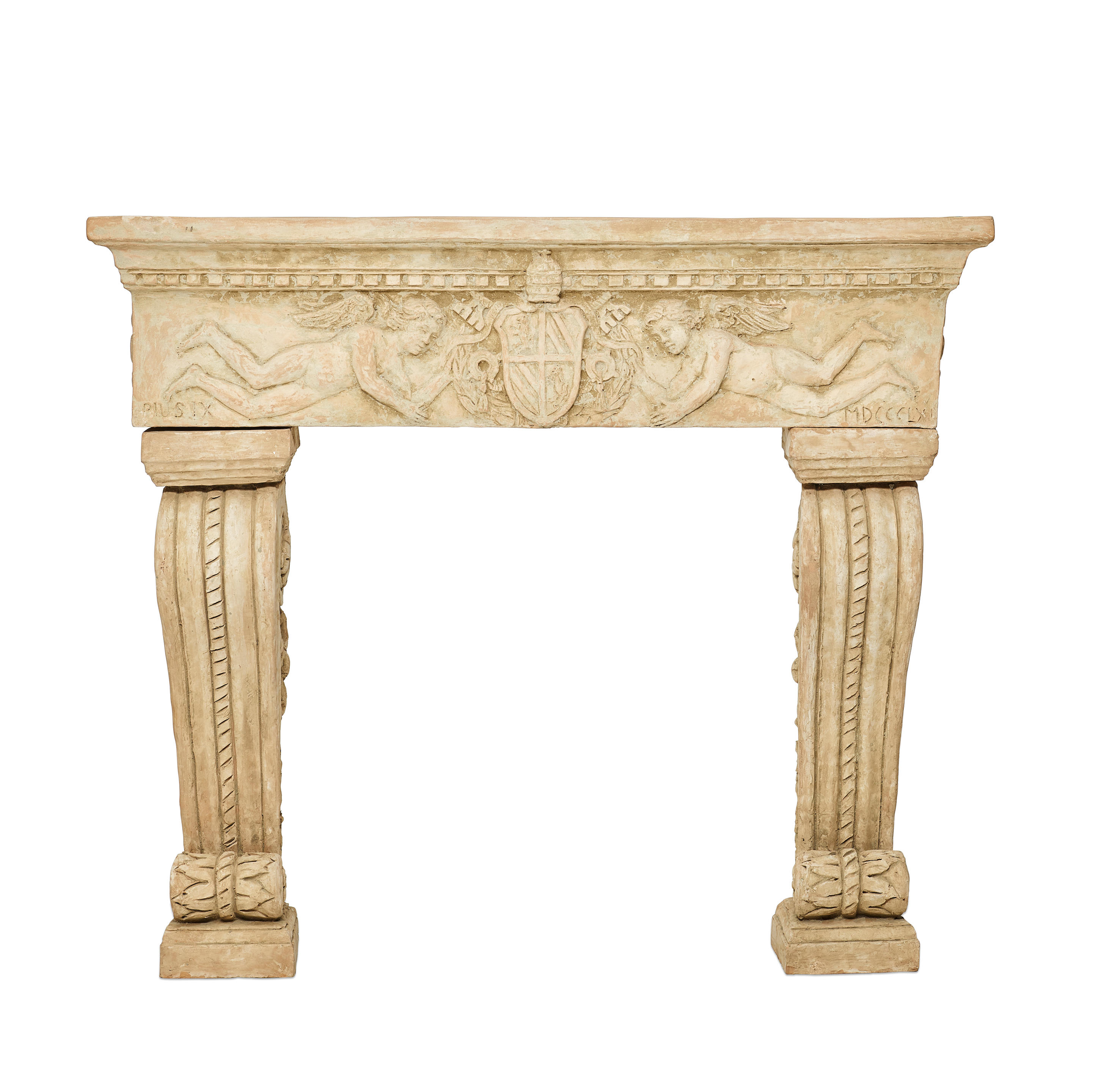 Appraisal: AN ITALIAN TERRACOTTA FIRE SURROUND Inscribed PIUS IX MDCCCLX height