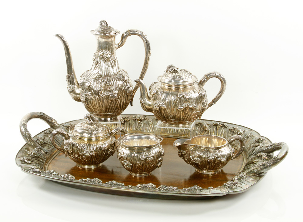 Appraisal: - Japanese Silver Tea Set Japanese Iris pattern tea set