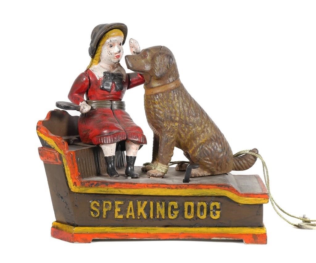 Appraisal: Antique cast iron SPEAKING DOG mechanical bank Key included These