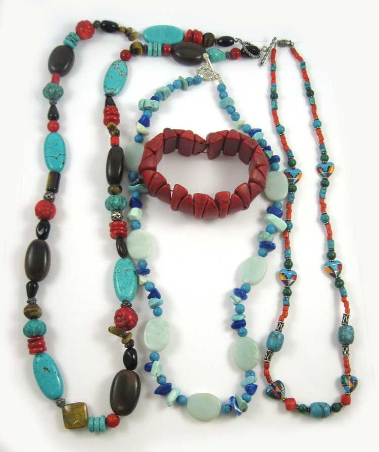 Appraisal: THREE BEADED NECKLACES AND ONE BRACELET including a red howlite