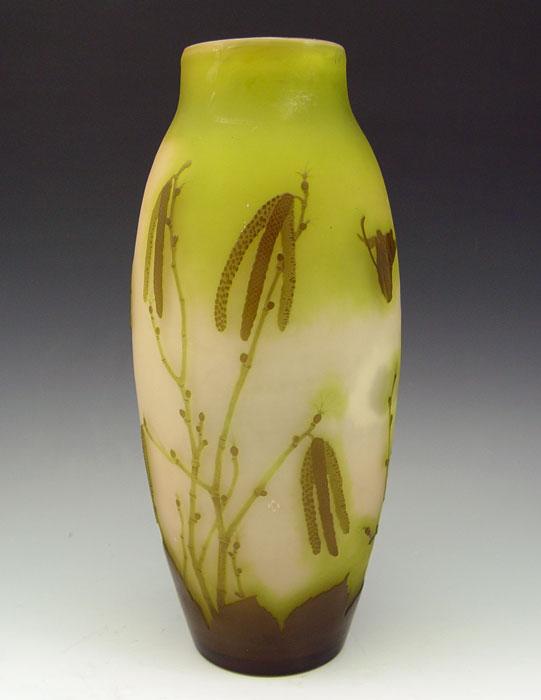 Appraisal: GALLE CAMEO GLASS VASE Green cut to rose cameo signature