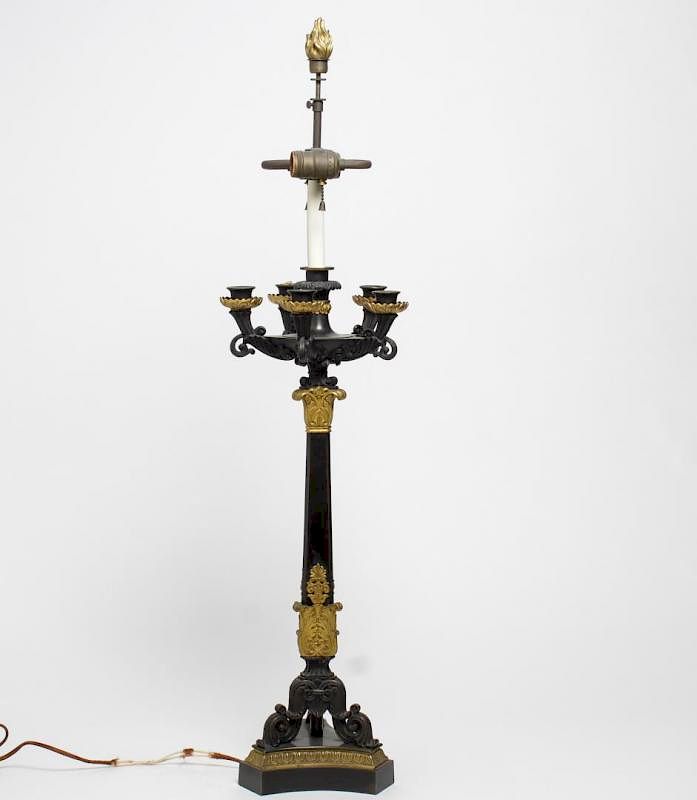 Appraisal: Neoclassical Gilt Bronze Steel Candelabrum Lamp Antique French Neoclassical-style six-light