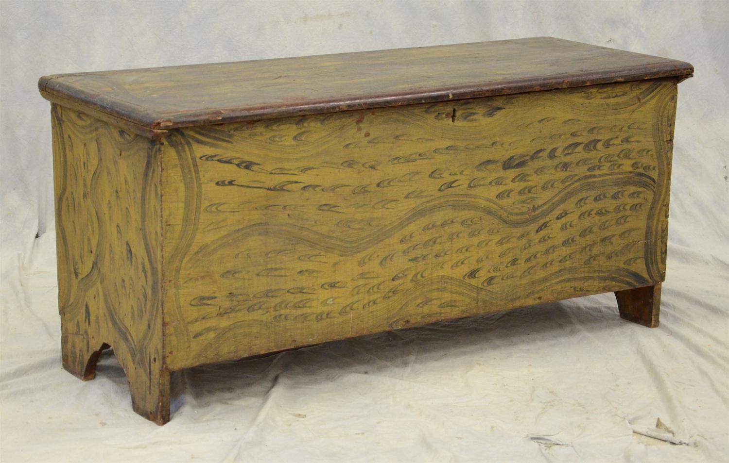 Appraisal: Pine board blanket chest with black freeform decoration over a