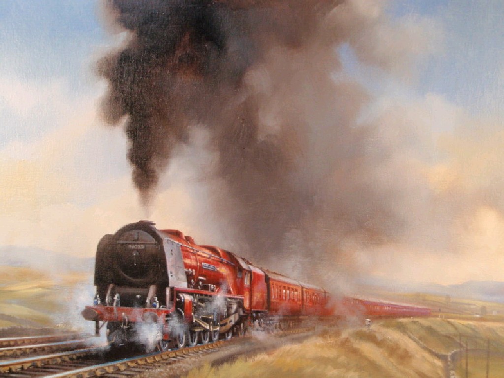 Appraisal: Weston thC British Steam Locomotive in a moorland landscape oil