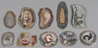 Appraisal: Collection of nine hand painted agate cross sections depicting Southwestern