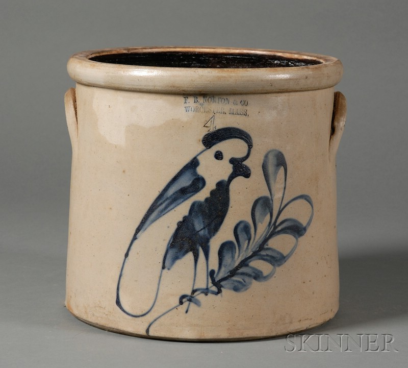 Appraisal: Stoneware Crock with Cobalt Bird Perched on Leafy Branch FRANK