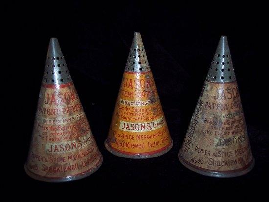 Appraisal: Three Jason's patent pepperettes of conical form cm high