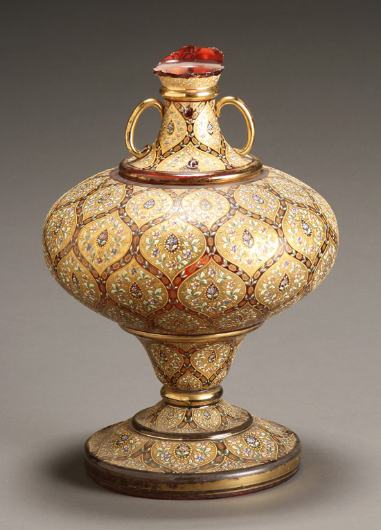 Appraisal: Continental Polychrome and Gilt Enameled Ruby Glass Covered Urn Late