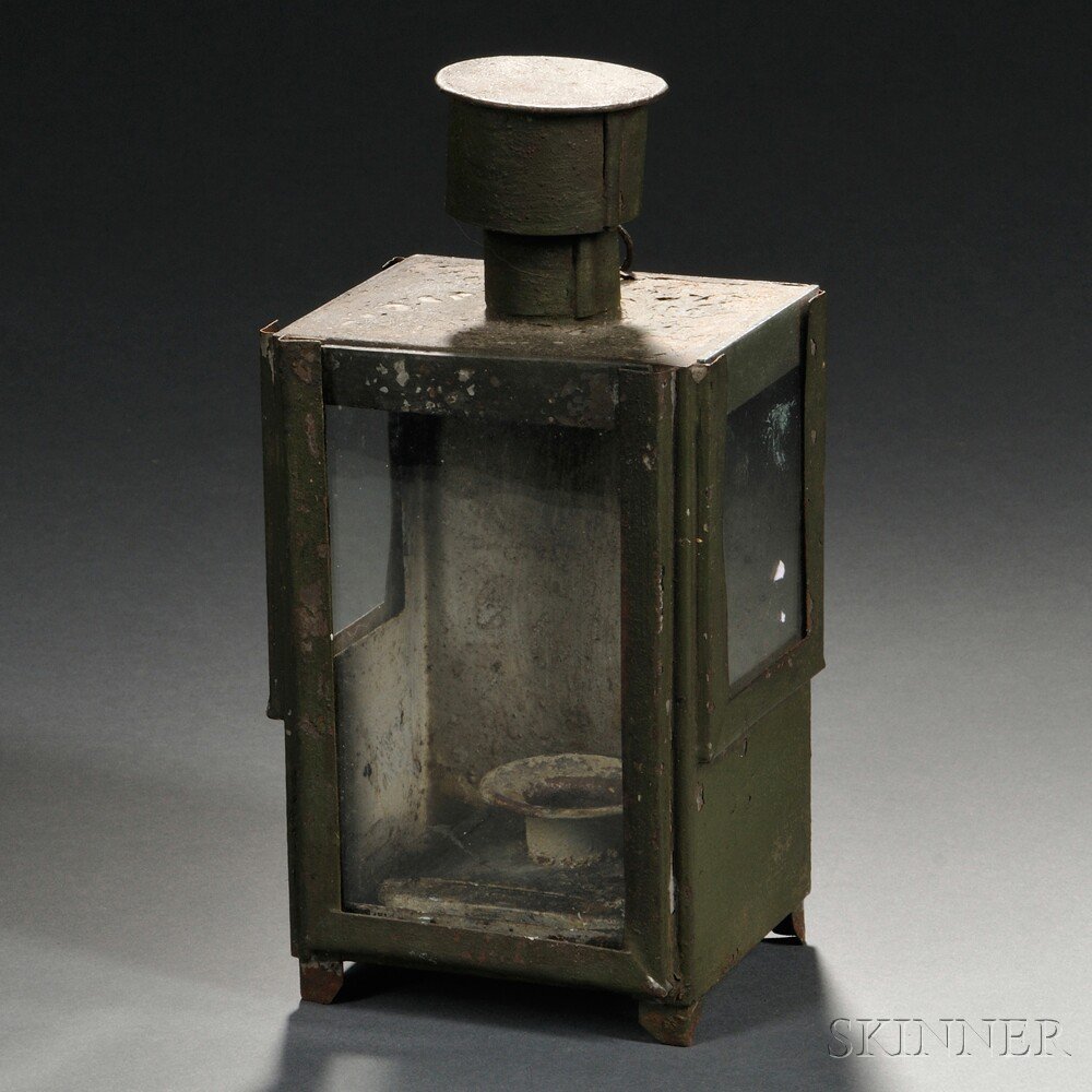 Appraisal: Green-painted Tin and Glass Lantern America th century the rectangular