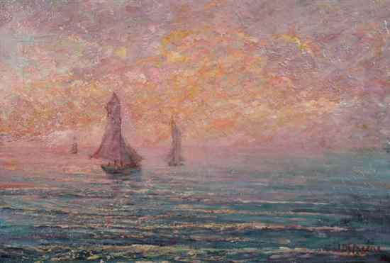 Appraisal: J DEFRESNE American th century SAILBOATS AT DAWN signed lower