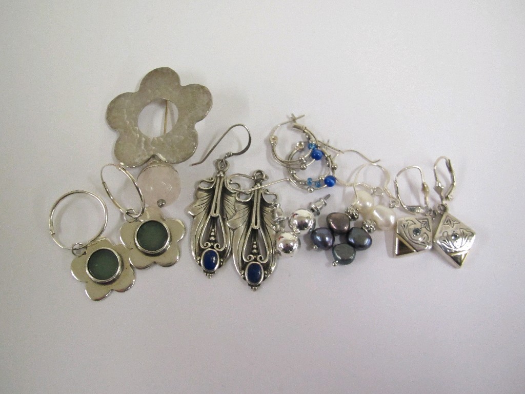 Appraisal: Six pairs of gem set silver earrings and a brooch