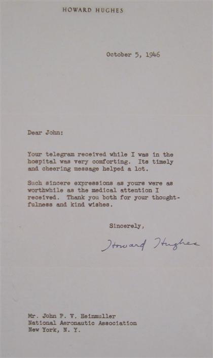 Appraisal: piece Typed letter Signed Hughes Howard N p October p