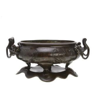 Appraisal: Japanese Meiji inlaid bronze censer and stand Japanese Meiji inlaid