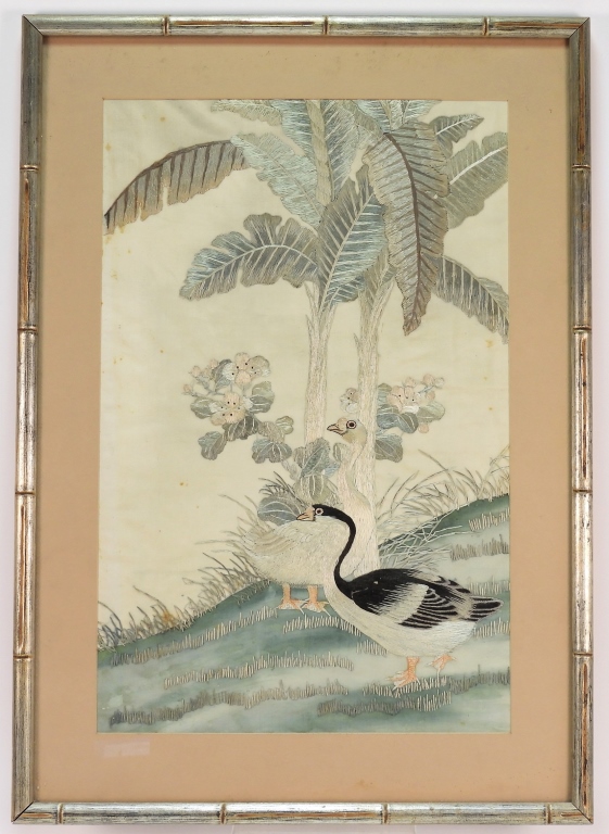 Appraisal: JAPANESE EMBROIDERED SILK AVIAN TEXTILE JapanLate th- Early th CenturyDepicts