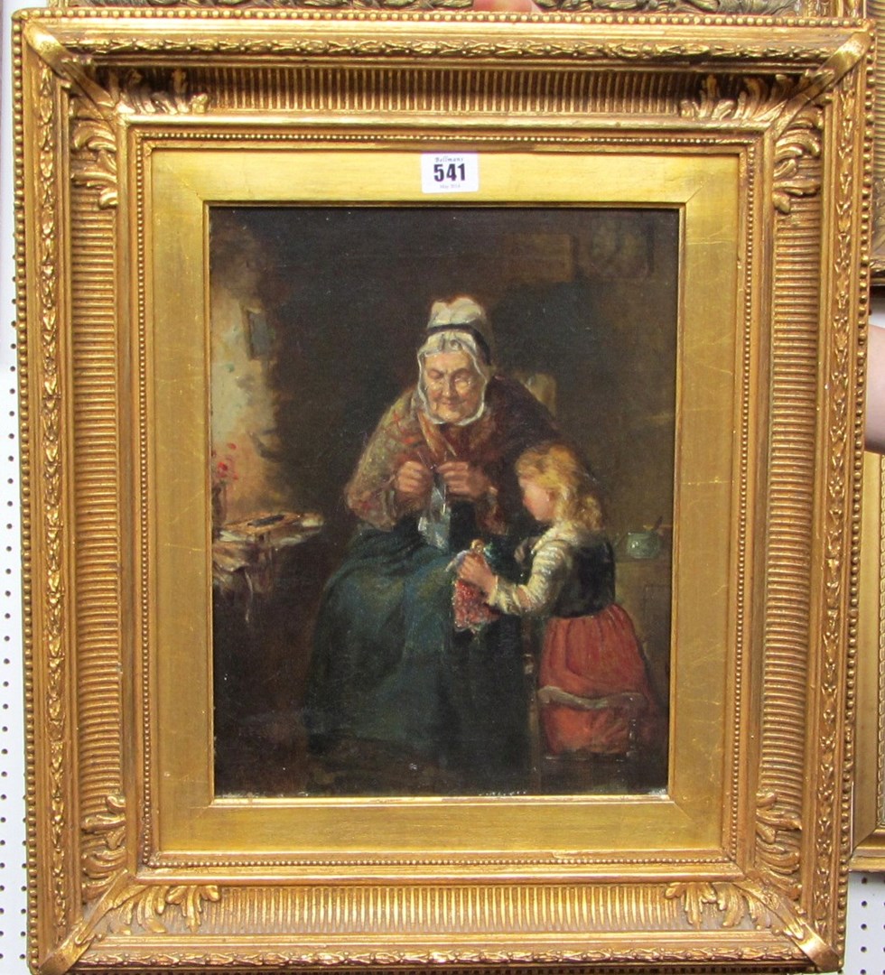 Appraisal: Follower of Thomas Faed Knitting with grandmother oil on canvas